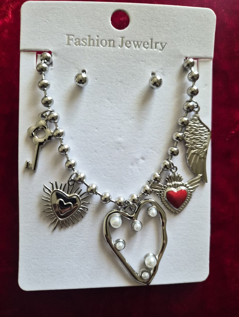 Fashion Jewelry Silver-Tone Heart Charm Necklace with Red Accent
